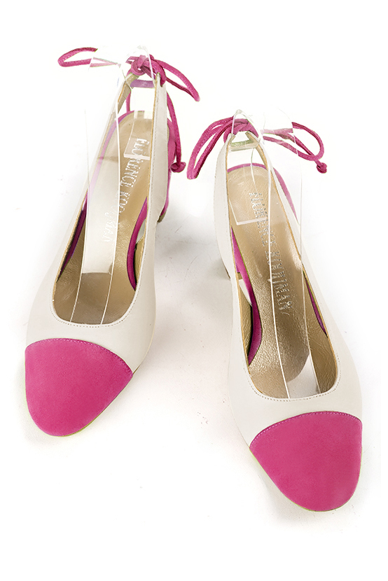 Fuschia pink and off white women's slingback shoes. Round toe. Medium block heels. Top view - Florence KOOIJMAN